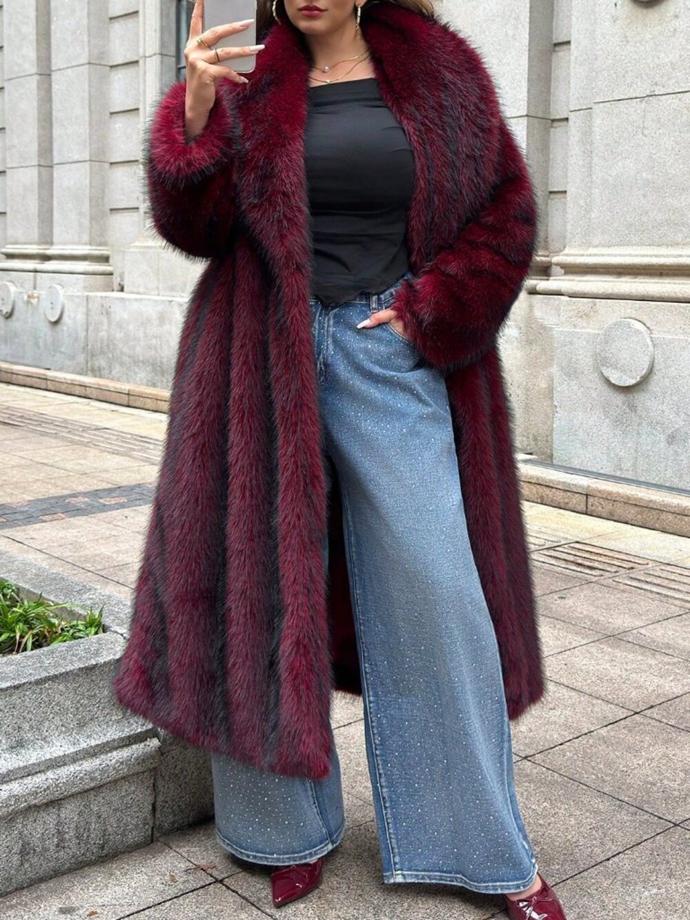 Burgundy Loose Women's Shawl Collared Belted Faux Fur Jacket